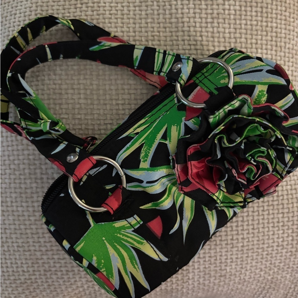 Avon bright Barbie pink, green & black tropical print  minbag with rosette (060)